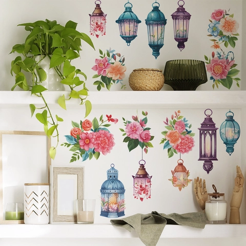 Pegatinas de Pared de PVC de Linterna Vintage y Flores Calcomanías de Arte Creativo Extraíbles para Decoración de Fondo de Pared de Dormitorio Sala de Estar