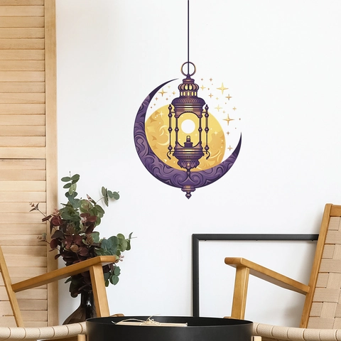 Ramadán Luna y Linterna PVC Adhesivo de Pared Arte Islámico Dormitorio Sala de Estar Decoración Hogar Pegatina Removible
