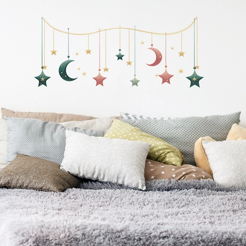 Moderne Nordische Sterne Und Mond Hängende Kronleuchter Wandtattoos Abnehmbare PVC Aufkleber Für Schlafzimmer Wohnzimmer Haus Dekoration
