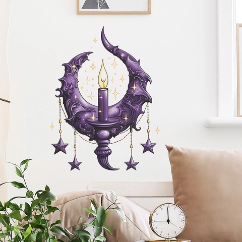 Gothische Lila Mond Kerze Wandsticker Fantasie Mystery Sichelmond Mit Stern Ornamenten PVC Kunst Wandbild Dekor Für Schlafzimmer Wohnzimmer