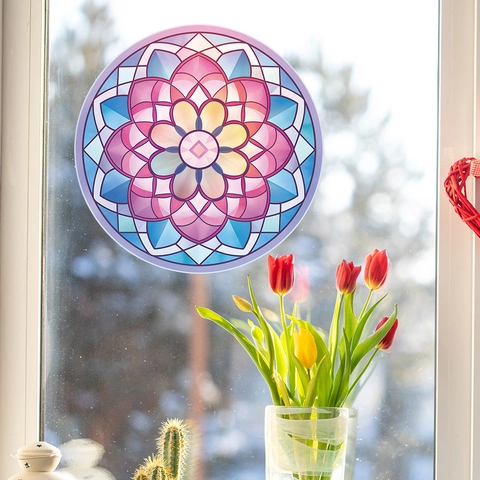 Mandala Lotus Venstersticker Glas-in-lood Look Rond PVC Muursticker Voor Woonkamer Slaapkamer Glas Oppervlak Decoratieve Sticker