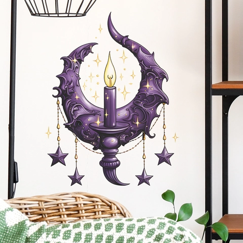 Gothische Lila Mond Kerze Wandsticker Fantasie Mystery Sichelmond Mit Stern Ornamenten PVC Kunst Wandbild Dekor Für Schlafzimmer Wohnzimmer