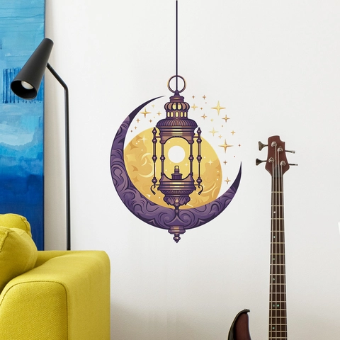 Ramadán Luna y Linterna PVC Adhesivo de Pared Arte Islámico Dormitorio Sala de Estar Decoración Hogar Pegatina Removible