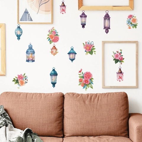 Pegatinas de Pared de PVC de Linterna Vintage y Flores Calcomanías de Arte Creativo Extraíbles para Decoración de Fondo de Pared de Dormitorio Sala de Estar