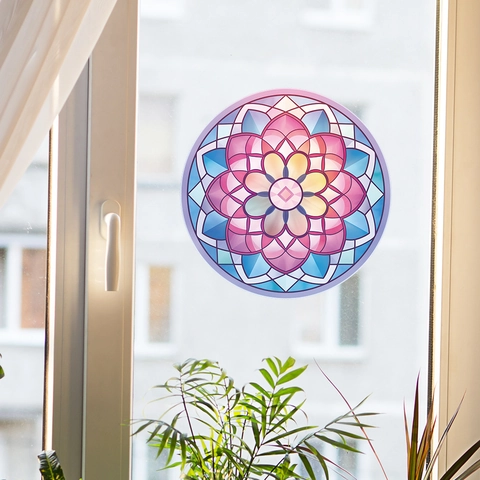 Mandala Lotus Venstersticker Glas-in-lood Look Rond PVC Muursticker Voor Woonkamer Slaapkamer Glas Oppervlak Decoratieve Sticker