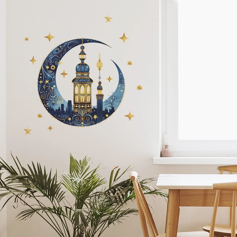 Vinilo Decorativo Ramadan Eid Mubarak Luna Azul Estrella Oro Mezquita Linterna PVC Autoadhesivo Decoración Festival Islamico