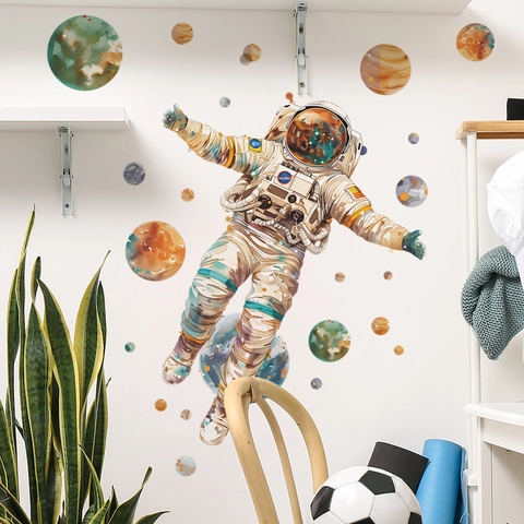 Watercolour Space Astronaut And Planets Wall Stickers PVC Cartoon Childrens Nursery Room Bedroom Background Decor Mural Art