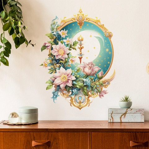 Dreamy Baroque Flower Moon Star Wall Sticker PVC Self Adhesive Magic Wand Floral Decal For Bedroom Living Room Decor