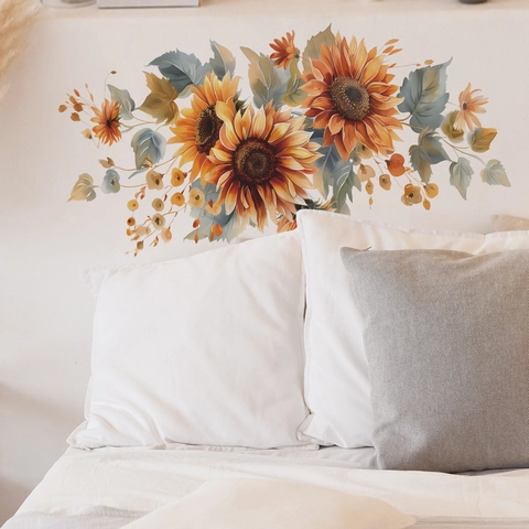 Watercolor Sunflower Wall Sticker PVC Waterproof Floral Leaves Wall Decal For Living Room Bedroom Bathroom Home Decor
