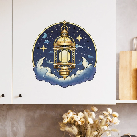 Pegatina de Pared Ramadan Kareem Linterna Dorada Luna Cielo Estrellado Calcomanía de PVC Redonda Para Sala de Estar Dormitorio