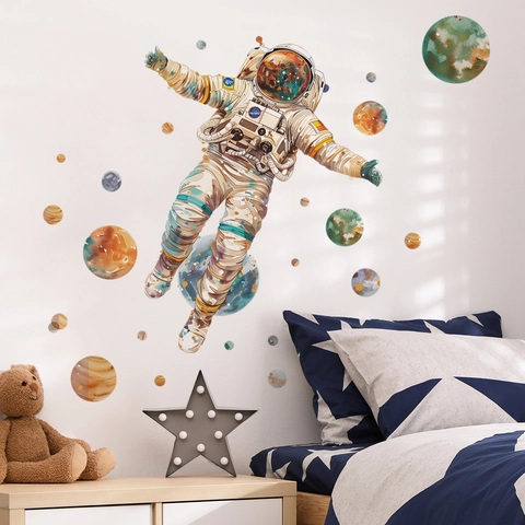 Watercolour Space Astronaut And Planets Wall Stickers PVC Cartoon Childrens Nursery Room Bedroom Background Decor Mural Art