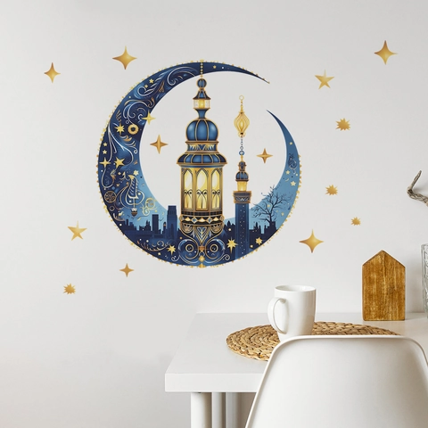 Vinilo Decorativo Ramadan Eid Mubarak Luna Azul Estrella Oro Mezquita Linterna PVC Autoadhesivo Decoración Festival Islamico