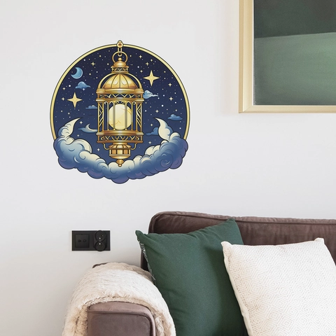 Pegatina de Pared Ramadan Kareem Linterna Dorada Luna Cielo Estrellado Calcomanía de PVC Redonda Para Sala de Estar Dormitorio