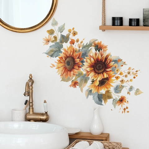 Watercolor Sunflower Wall Sticker PVC Waterproof Floral Leaves Wall Decal For Living Room Bedroom Bathroom Home Decor