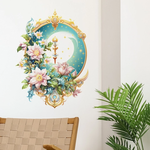Dreamy Baroque Flower Moon Star Wall Sticker PVC Self Adhesive Magic Wand Floral Decal For Bedroom Living Room Decor