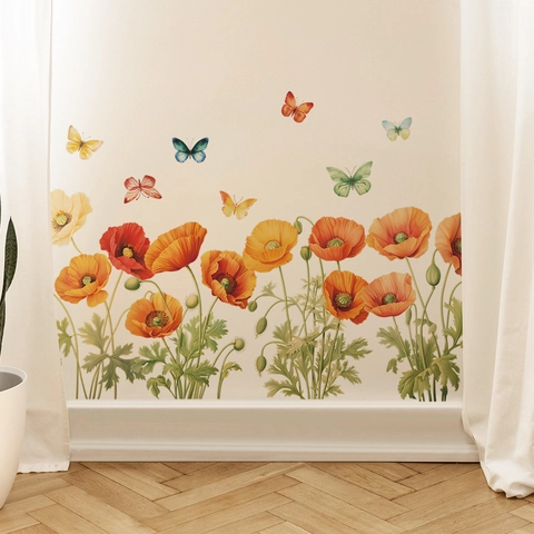 Aquarell Mohnblume Schmetterling Wandtattoo PVC Selbstklebend Home Decor Für Wohnzimmer Schlafzimmer Wandaufkleber