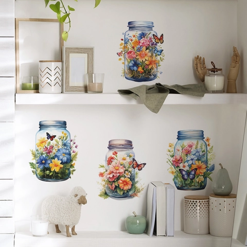 Pegatinas de Pared de Jarrón de Flores de Acuarela y Mariposa PVC Tarro de Mason Calcomanías de Pared Florales para Sala de Estar Hogar