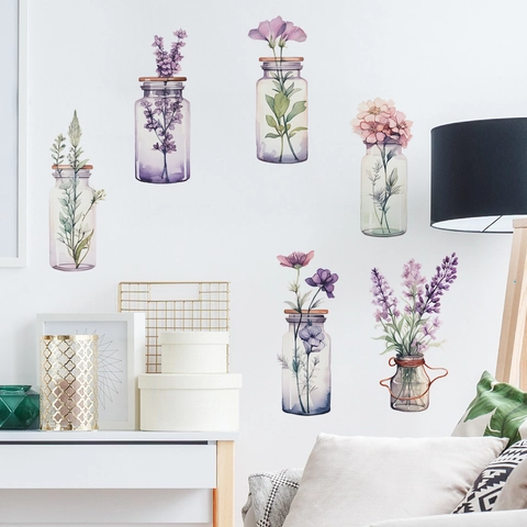 Pegatina de Pared de Jarrón de Flores en Acuarela PVC Removible Plantas Estéticas Calcomanía Floral para Sala de Estar Dormitorio