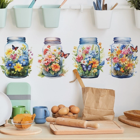 Pegatinas de Pared de Jarrón de Flores de Acuarela y Mariposa PVC Tarro de Mason Calcomanías de Pared Florales para Sala de Estar Hogar
