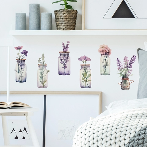 Pegatina de Pared de Jarrón de Flores en Acuarela PVC Removible Plantas Estéticas Calcomanía Floral para Sala de Estar Dormitorio