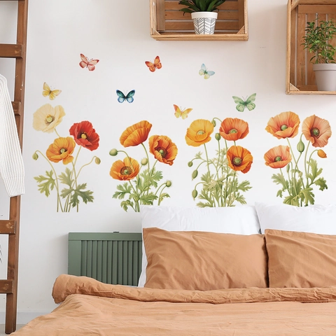 Aquarell Mohnblume Schmetterling Wandtattoo PVC Selbstklebend Home Decor Für Wohnzimmer Schlafzimmer Wandaufkleber