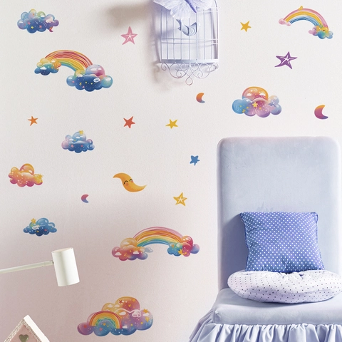 Adesivi Murali Cartoon Arcobaleno Nuvola Stella Luna in PVC Impermeabile Rimovibile per Cameretta Bambini Asilo Camera Letto Decorazione