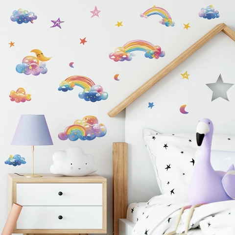 Adesivi Murali Cartoon Arcobaleno Nuvola Stella Luna in PVC Impermeabile Rimovibile per Cameretta Bambini Asilo Camera Letto Decorazione