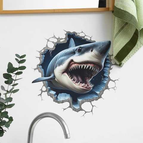 Adesivo per WC 3D Grande Squalo Bianco Muro Rotto in PVC Impermeabile Decalcomania Rimovibile per Arredo Bagno Casa