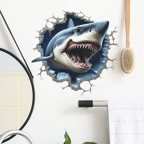 Adesivo per WC 3D Grande Squalo Bianco Muro Rotto in PVC Impermeabile Decalcomania Rimovibile per Arredo Bagno Casa