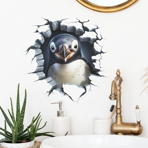 3D Kreativ Pinguin Wandbruch Wandaufkleber PVC Wasserdicht Abnehmbar Aufkleber Für Badezimmer Wohnzimmer Kinderzimmer Dekor