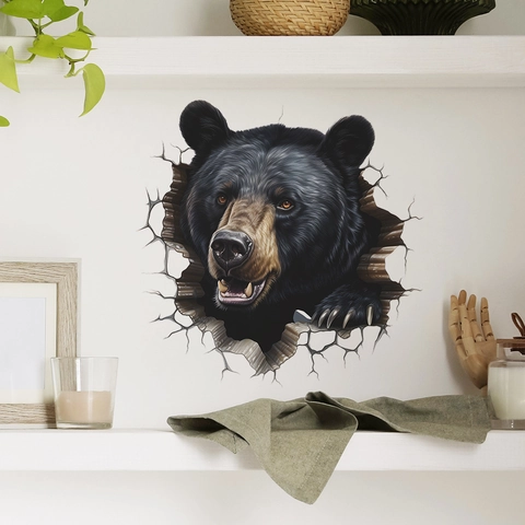 3D Realistische Zwarte Beer Hoofd Muursticker Verwijderbare Zelfklevende PVC Decal Voor Kinderkamer Badkamer Decor Cartoon Muurschildering