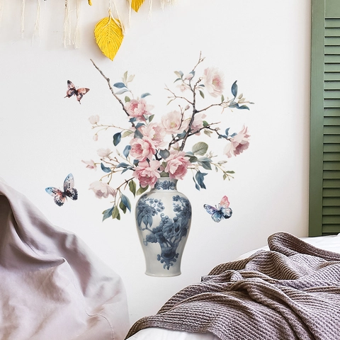 Retro Blauw En Wit Porselein Vaas Met Roze Bloemen Muursticker Chinese Stijl Pioen Vlinder PVC Home Decor Sticker