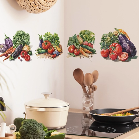 Watercolor Vegetable PVC Wall Sticker Creative Eggplant Tomato Kitchen Dining Room Home Decorative Waterproof Printed Wall Decal