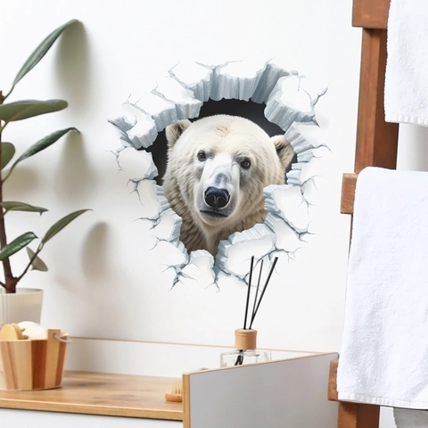 Pegatina de Pared 3D Realista de Oso Polar Pared Rota Impermeable PVC Calcomanía para Tapa de Inodoro Decoración Creativa de Baño