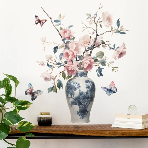 Retro Blauw En Wit Porselein Vaas Met Roze Bloemen Muursticker Chinese Stijl Pioen Vlinder PVC Home Decor Sticker