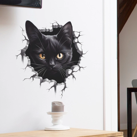 Pegatina de Pared 3D Realista Gato Negro Pared Agrietada Impermeable PVC Calcomanía Removible para Baño Inodoro Sala de Estar Hogar