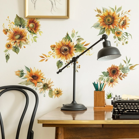 Sunflower Wall Stickers Watercolor Hand-Painted Style PVC Self-Adhesive Floral Decals For Bedroom Living Room Home Decor