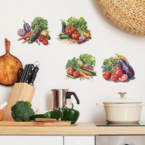 Watercolor Vegetable PVC Wall Sticker Creative Eggplant Tomato Kitchen Dining Room Home Decorative Waterproof Printed Wall Decal
