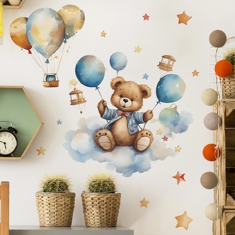 Sticker Mural Ours de Dessin Animé à l'Aquarelle Avec Ballons et Étoiles en PVC Auto-Adhésif Amovible pour Chambre d'Enfant Décoration Murale École
