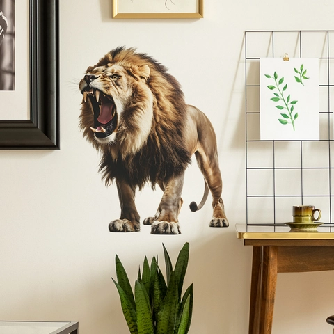 3D Realistic Roaring Lion PVC Wall Sticker Removable Animal Mural For Living Room Bedroom Entrance Background Decoration