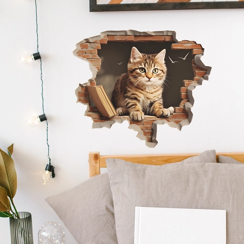 Sticker Mural 3D Créatif Chat Mur Cassé Amovible PVC Animal Décalcomanie Murale Pour Salon Chambre Décoration de la Maison