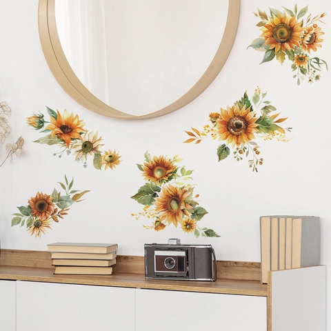 Sunflower Wall Stickers Watercolor Hand-Painted Style PVC Self-Adhesive Floral Decals For Bedroom Living Room Home Decor