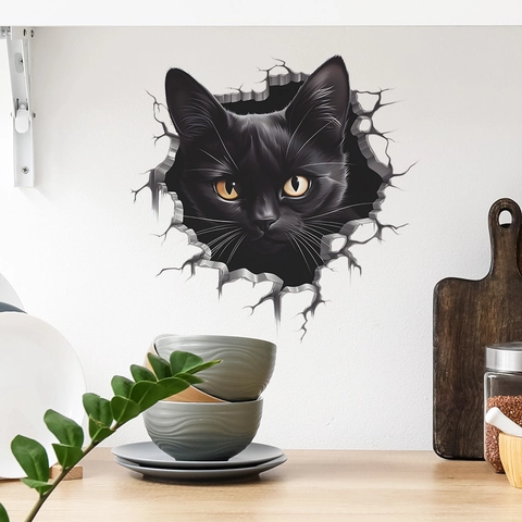 Pegatina de Pared 3D Realista Gato Negro Pared Agrietada Impermeable PVC Calcomanía Removible para Baño Inodoro Sala de Estar Hogar