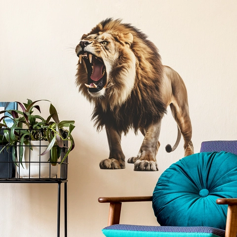 3D Realistic Roaring Lion PVC Wall Sticker Removable Animal Mural For Living Room Bedroom Entrance Background Decoration