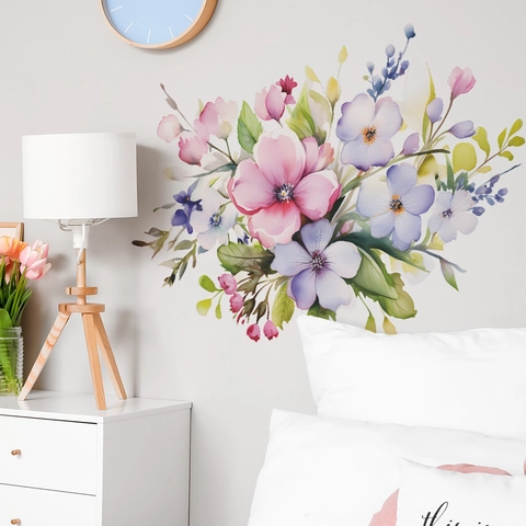 Watercolor Flower Wall Stickers Pink Purple Blue Floral Green Leaves PVC Self Adhesive Decal For Bedroom Home Decor