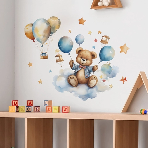 Sticker Mural Ours de Dessin Animé à l'Aquarelle Avec Ballons et Étoiles en PVC Auto-Adhésif Amovible pour Chambre d'Enfant Décoration Murale École