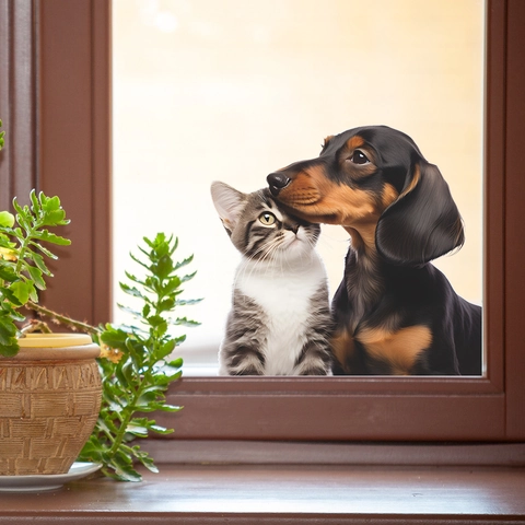 3D Realistisch Katze Und Hund Fensteraufkleber PVC Statische Haftung UV Gedruckt Tiere Glaswandbild Für Home Badezimmer Dekor