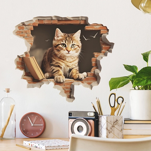 Sticker Mural 3D Créatif Chat Mur Cassé Amovible PVC Animal Décalcomanie Murale Pour Salon Chambre Décoration de la Maison