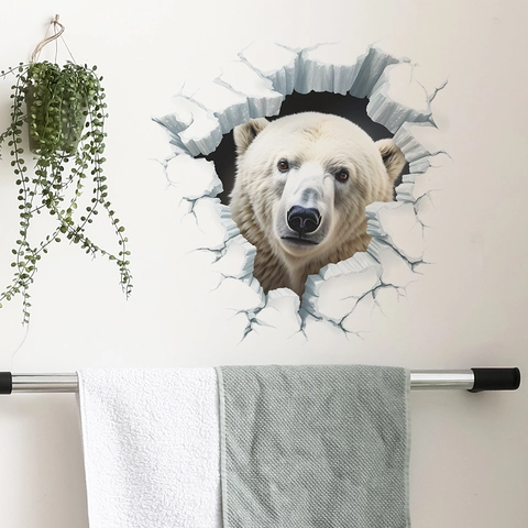 Pegatina de Pared 3D Realista de Oso Polar Pared Rota Impermeable PVC Calcomanía para Tapa de Inodoro Decoración Creativa de Baño