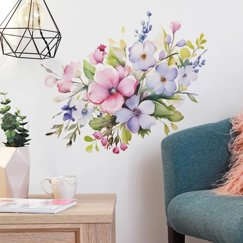 Watercolor Flower Wall Stickers Pink Purple Blue Floral Green Leaves PVC Self Adhesive Decal For Bedroom Home Decor
